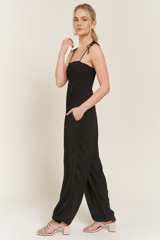 Janie Smocked Tie Strap Jumpsuit