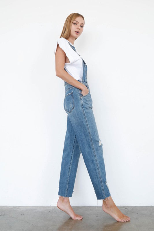 Elenor High Waist Ripped Straight Denim Overall Jumpsuit