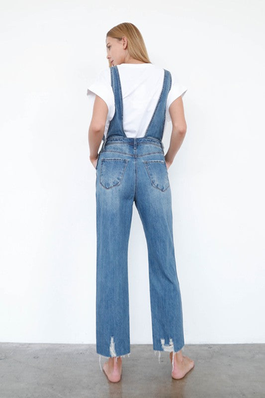 Elenor High Waist Ripped Straight Denim Overall Jumpsuit