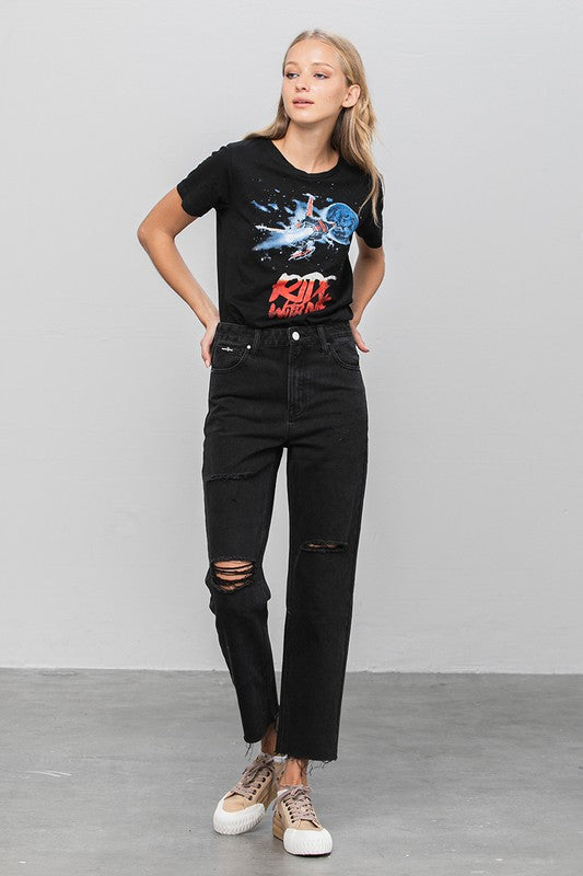 Erika High Waist Ripped Raw Hem Crop Straight Jeans