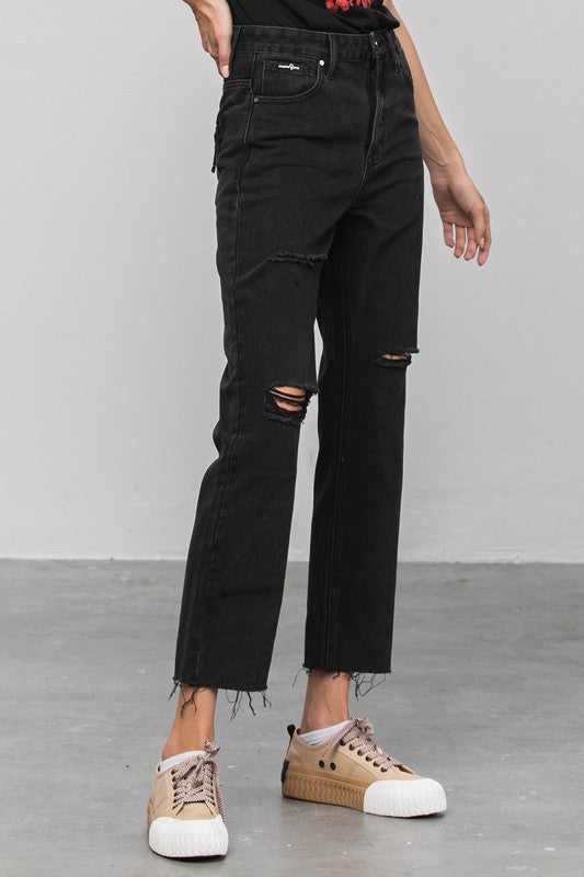 Erika High Waist Ripped Raw Hem Crop Straight Jeans