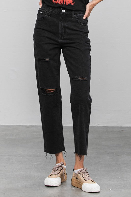 Erika High Waist Ripped Raw Hem Crop Straight Jeans