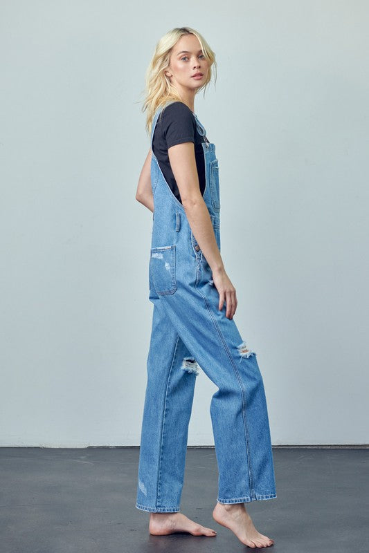 Willow Pocket Patched Ripped Denim Overalls