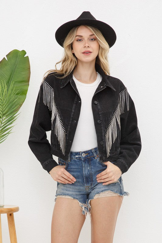 Candace Denim Chevron Fringe Jacket