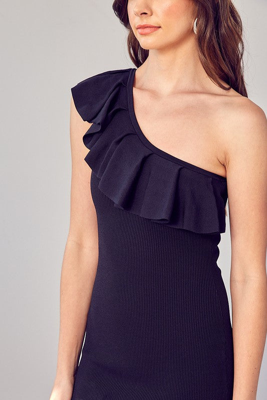 Sky One Shoulder Ruffle Dress