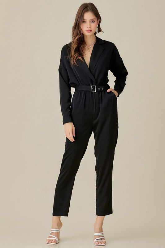 Jett Belted Waist Collared Satin Jumpsuit