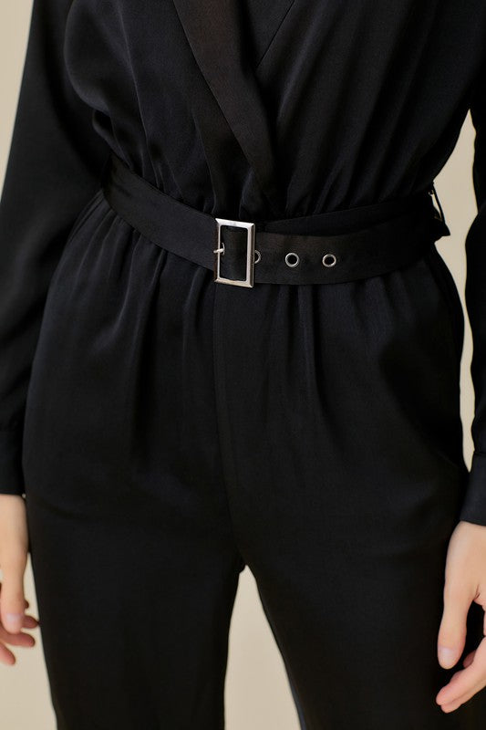 Jett Belted Waist Collared Satin Jumpsuit