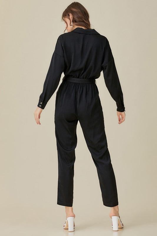 Jett Belted Waist Collared Satin Jumpsuit