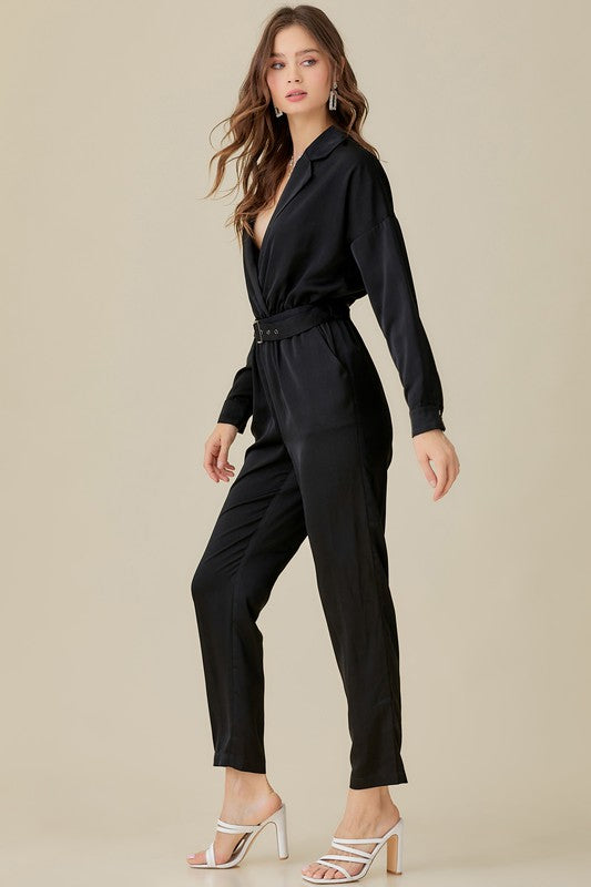 Jett Belted Waist Collared Satin Jumpsuit