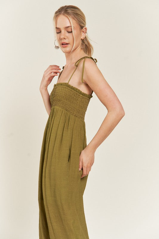 Janie Smocked Tie Strap Jumpsuit