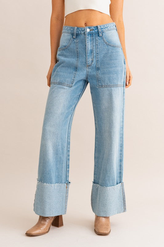 Andi High-Waisted Wide Leg Cuffed Jeans