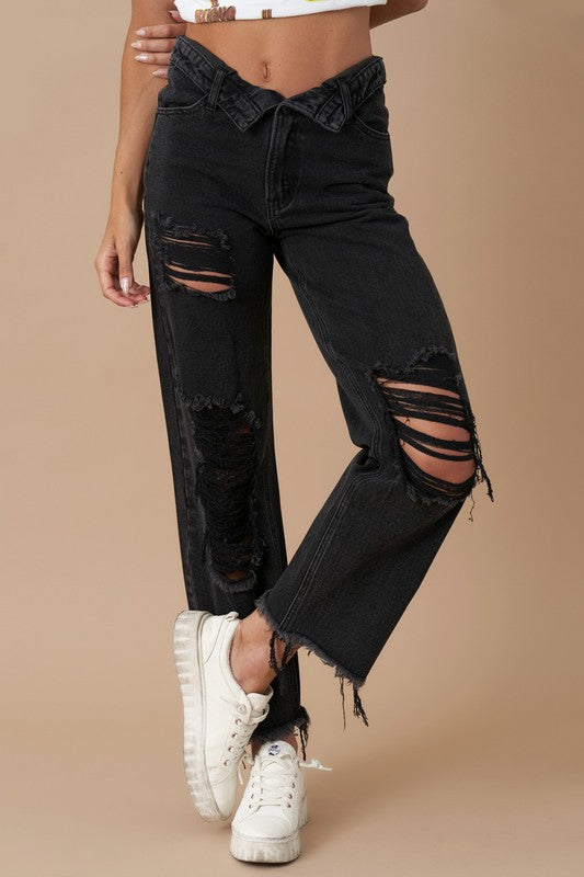 Camilla Frayed Flip Waist Straight Jeans