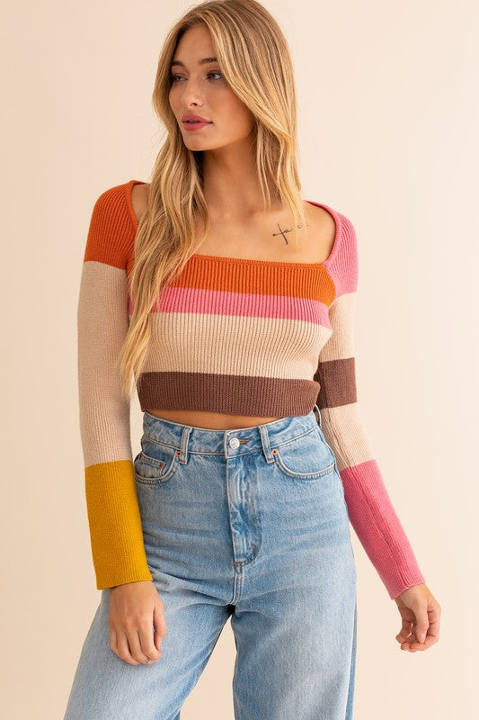 April Long Sleeve Color Block Stripe Knit Top