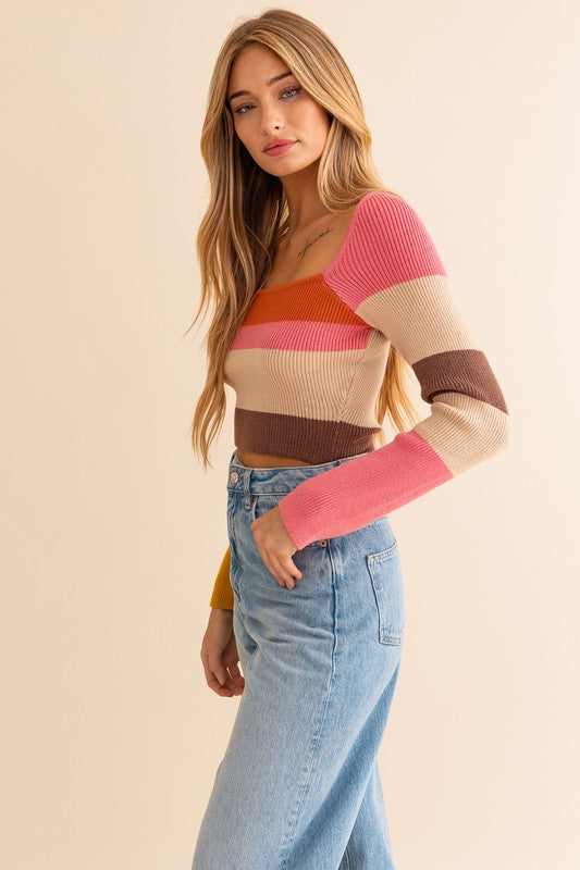 April Long Sleeve Color Block Stripe Knit Top