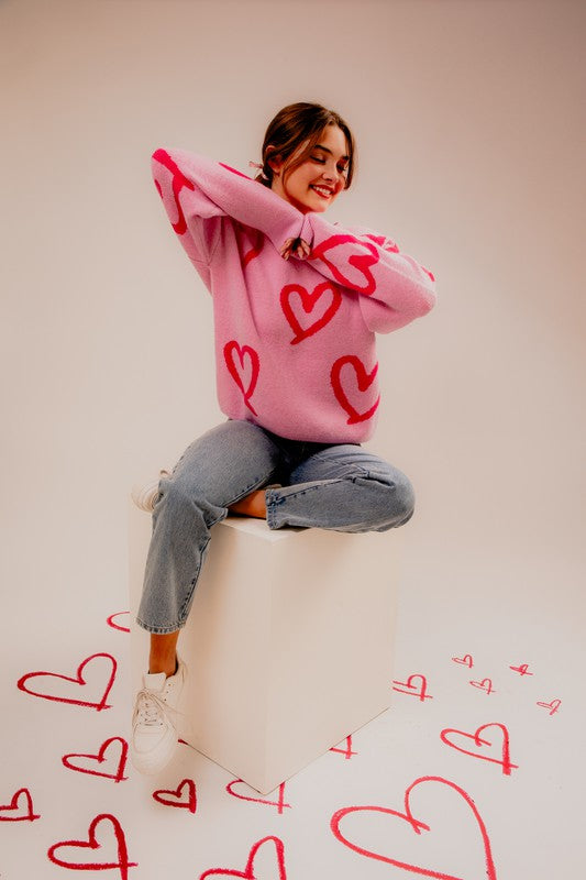 Love Round Neck Heart Printed Sweater