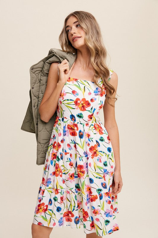 Raven Flower Print Square Neck Dress