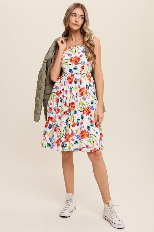 Raven Flower Print Square Neck Dress