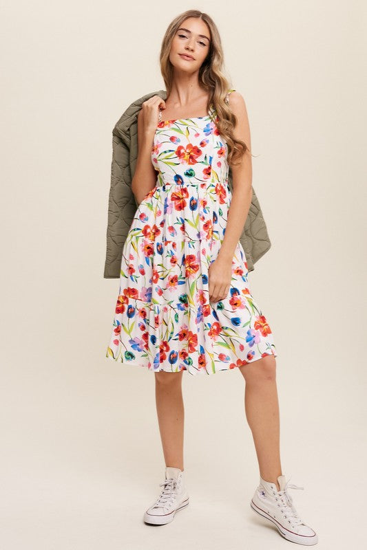 Raven Flower Print Square Neck Dress
