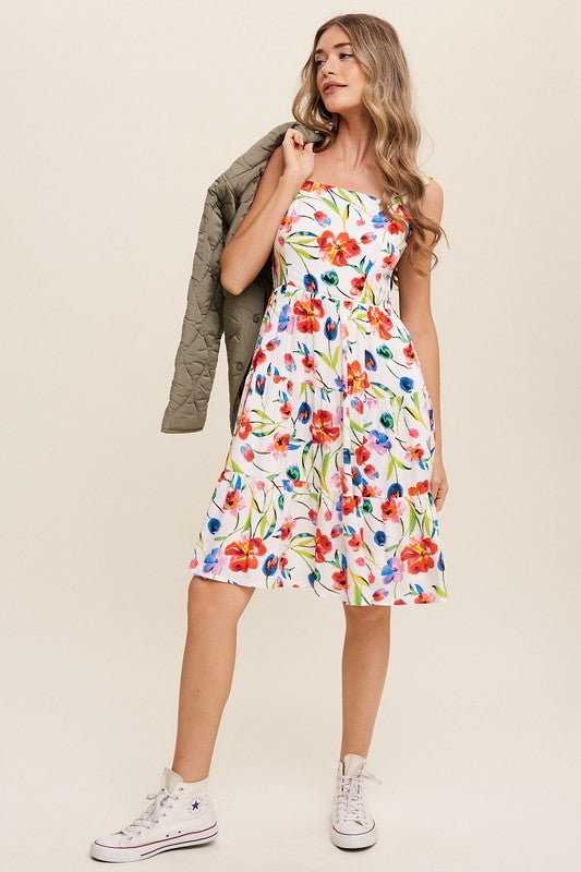 Raven Flower Print Square Neck Dress