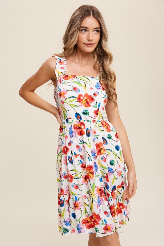 Raven Flower Print Square Neck Dress