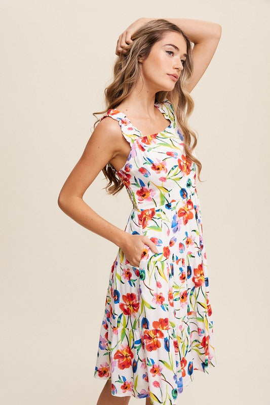Raven Flower Print Square Neck Dress