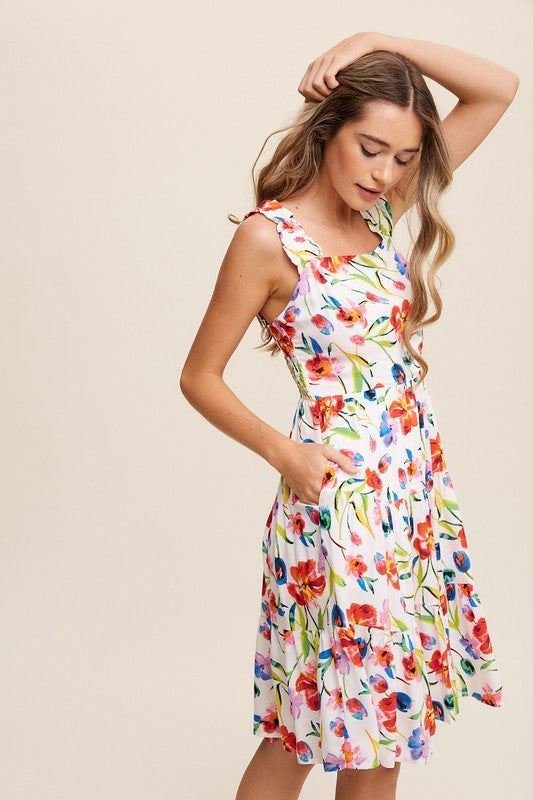 Raven Flower Print Square Neck Dress