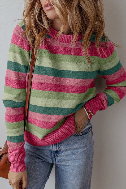 Stephanie Striped Ribbed Edge Round Neck Sweater