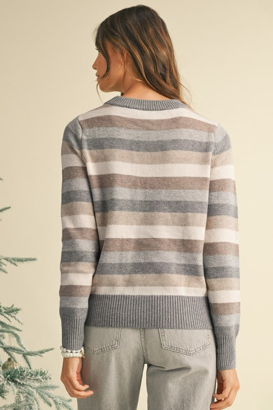 Stephanie Striped Ribbed Edge Round Neck Sweater