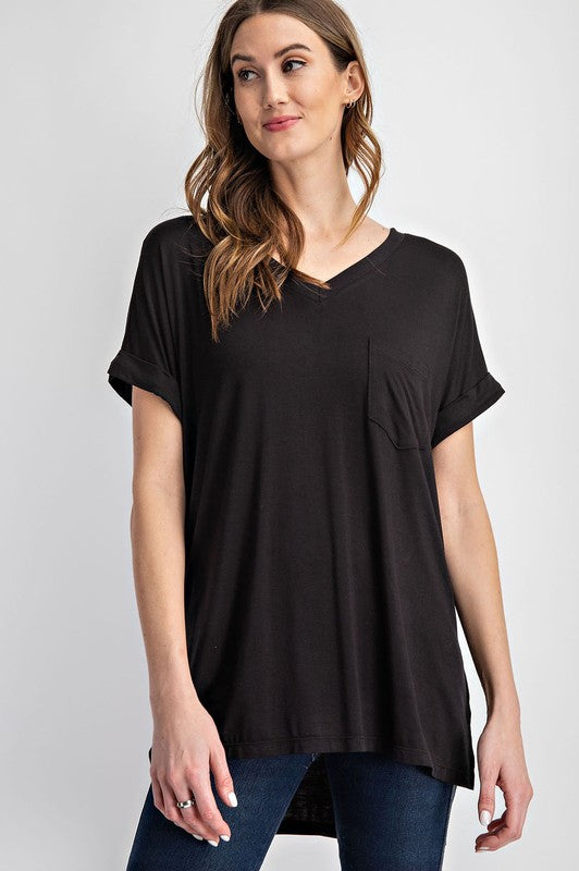 Catie V Neck Basic High-Low Hem Top