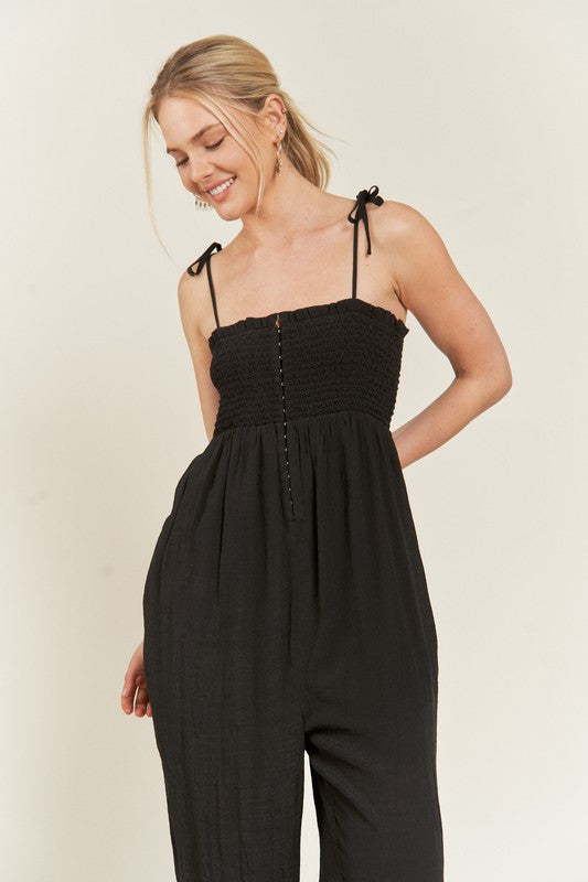 Janie Smocked Tie Strap Jumpsuit