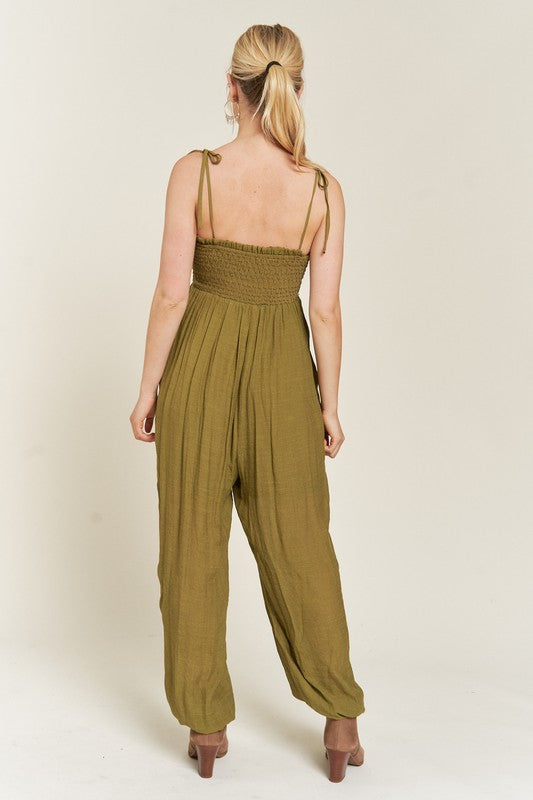 Janie Smocked Tie Strap Jumpsuit