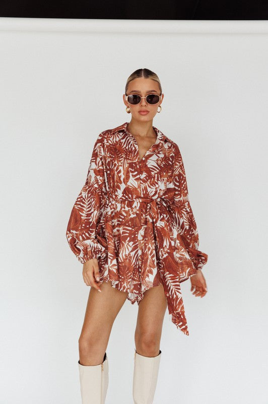 Audrey Leaves Print Puff Sleeved Romper