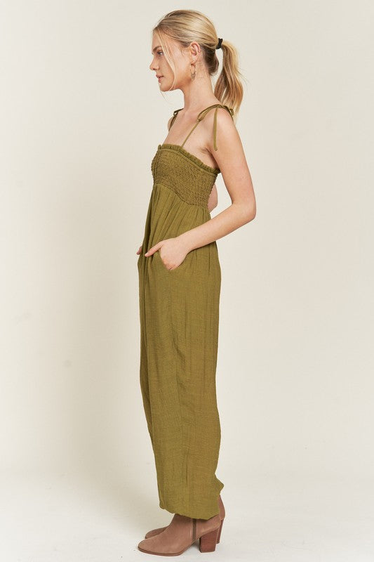 Janie Smocked Tie Strap Jumpsuit