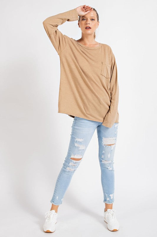 Avery Mineral Washed Round Neckline Long Sleeves Top