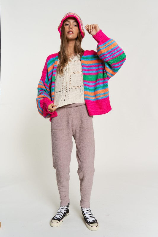 Be Happy Chunky Knit Multi-Striped Open Sweater Cardigan