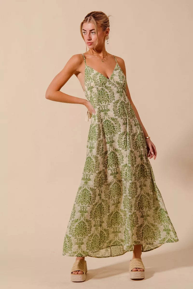 SO ME Damask Floral Summer Maxi Flowy Dress With Open Back SAGE GREEN / XL