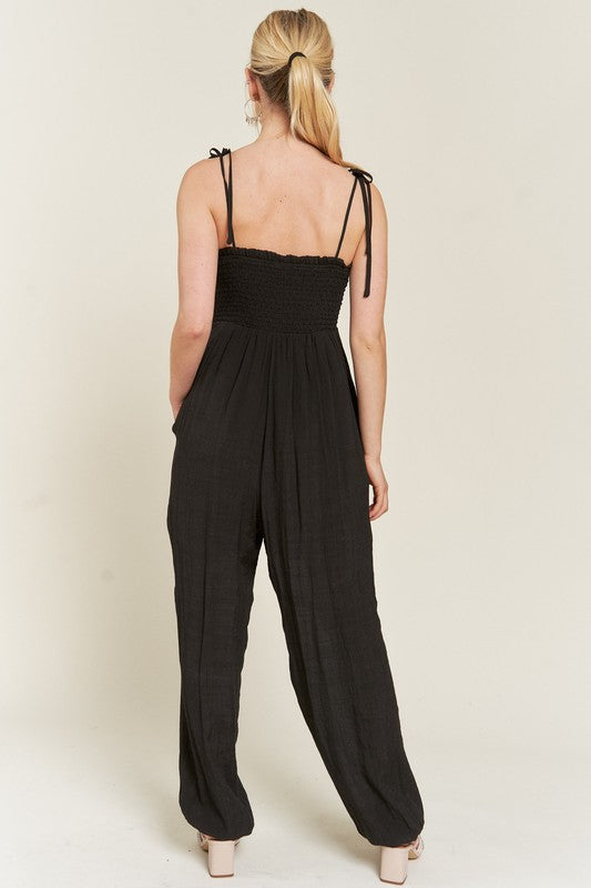 Janie Smocked Tie Strap Jumpsuit