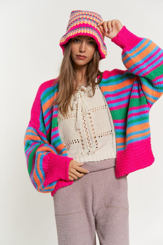 Be Happy Chunky Knit Multi-Striped Open Sweater Cardigan