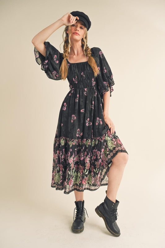 Hannah Floral Puff Sleeve Midi Dress