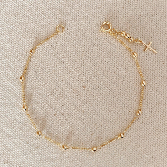 18k Gold Filled Beaded Bracelet with Cross Charm.