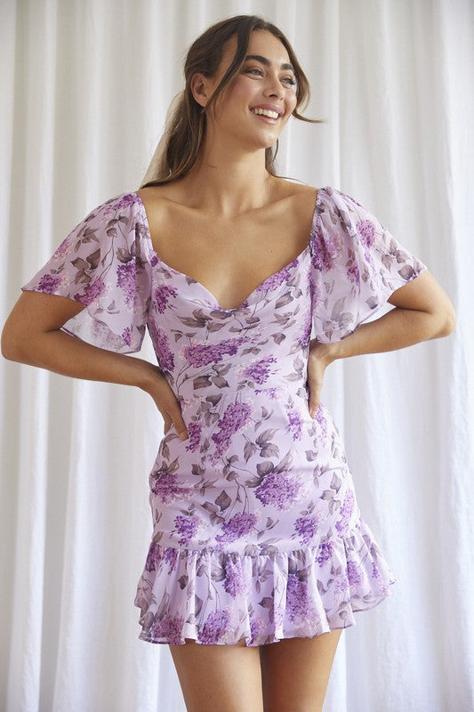 Dixie Floral Print Ruffle Flutter Sleeved Mini Dress