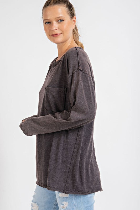 Avery Mineral Washed Round Neckline Long Sleeves Top