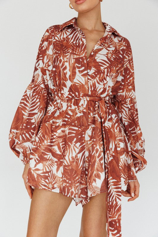 Audrey Leaves Print Puff Sleeved Romper