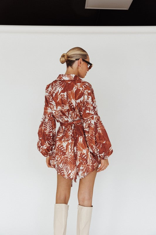 Audrey Leaves Print Puff Sleeved Romper