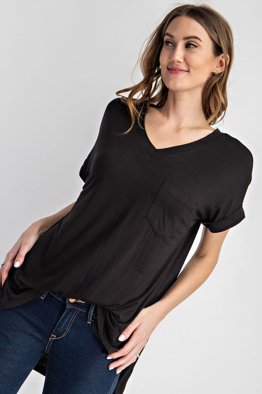 Catie V Neck Basic High-Low Hem Top