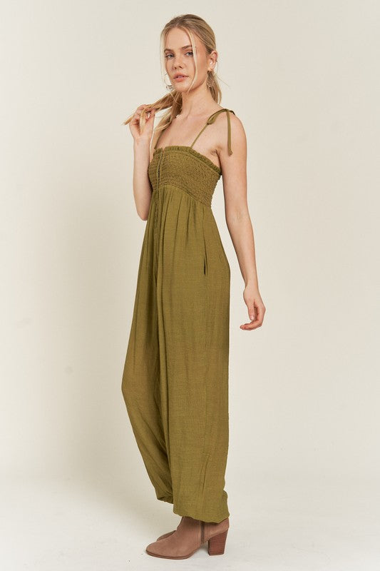 Janie Smocked Tie Strap Jumpsuit