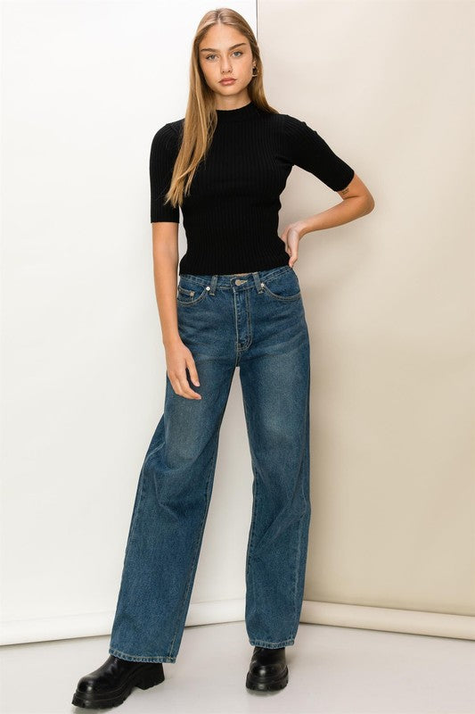 She's Cool Mock-Neck Ribbed Sweater Top || Black