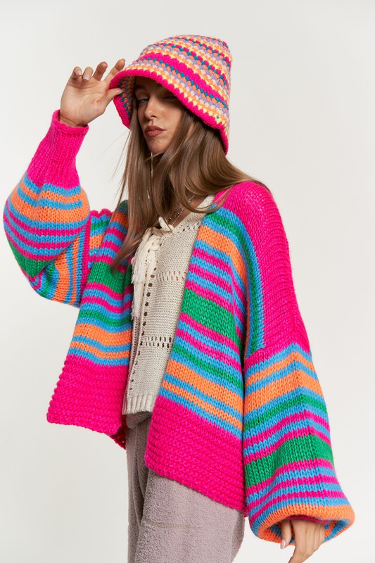 Be Happy Chunky Knit Multi-Striped Open Sweater Cardigan
