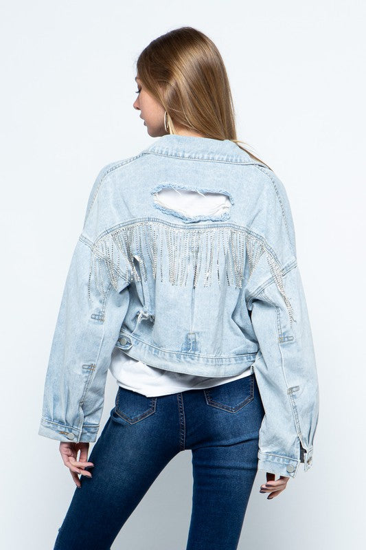 Faye Rhinestone Fringe Distressed Denim Jacket