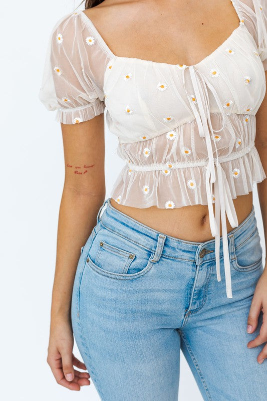 Lula Short Sleeve Ruched Embroidery Crop Top